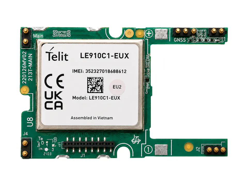 Circuit board with a Telit LE910C1 cellular module and GNSS antenna connectors