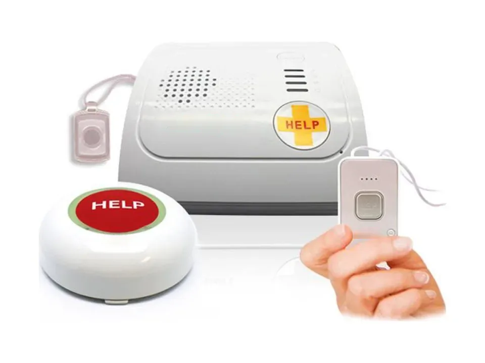 Wireless home alarm unit, wall button and mobile pendant
