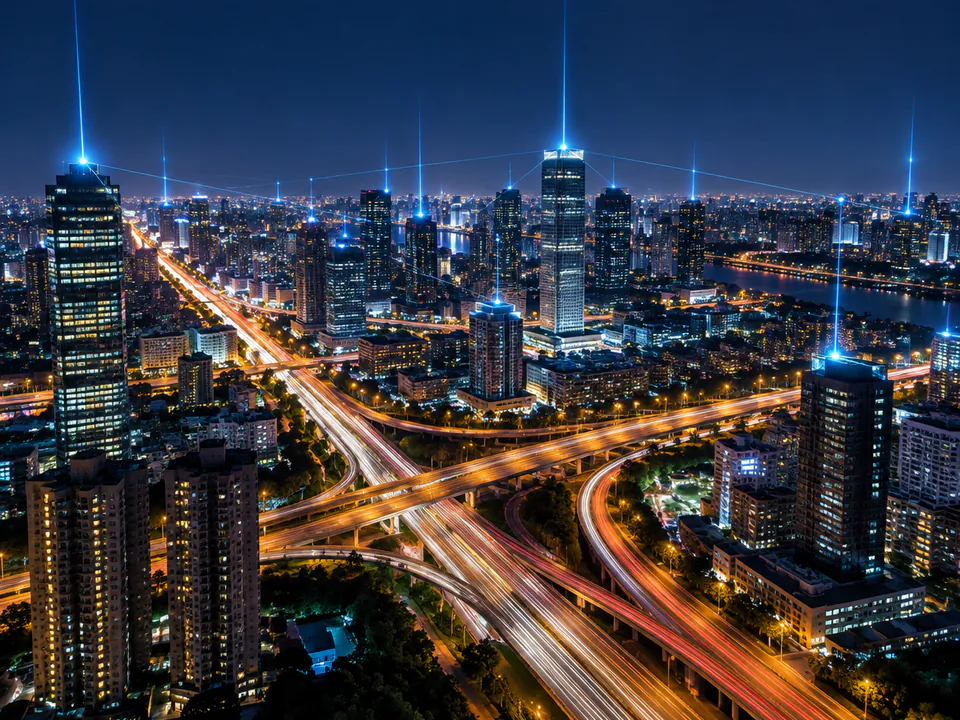 Smart city at night: highways with traffic light trails and connected sensor beacons rising from the buildings