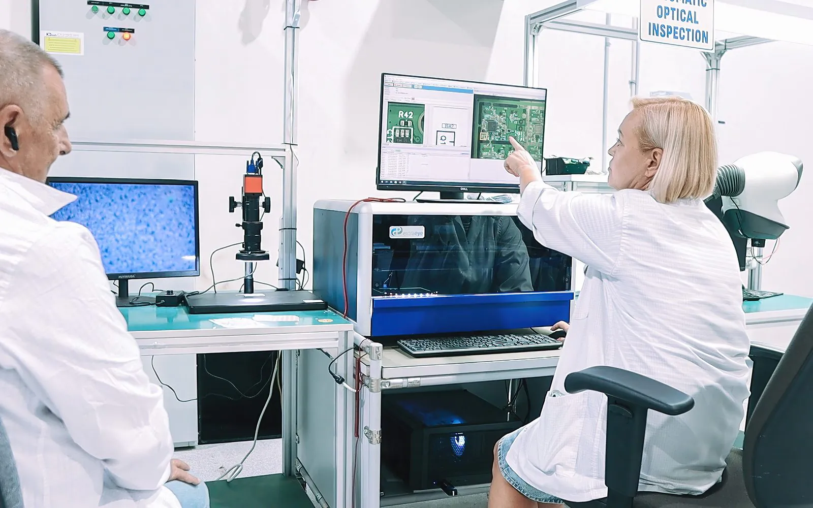 Technicians reviewing a board at an automatic optical inspection station