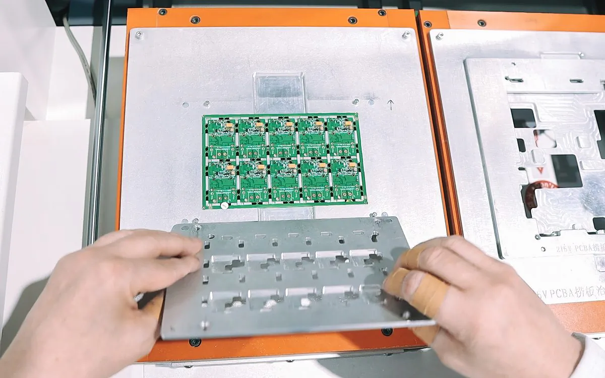PCB panel loaded into a production fixture